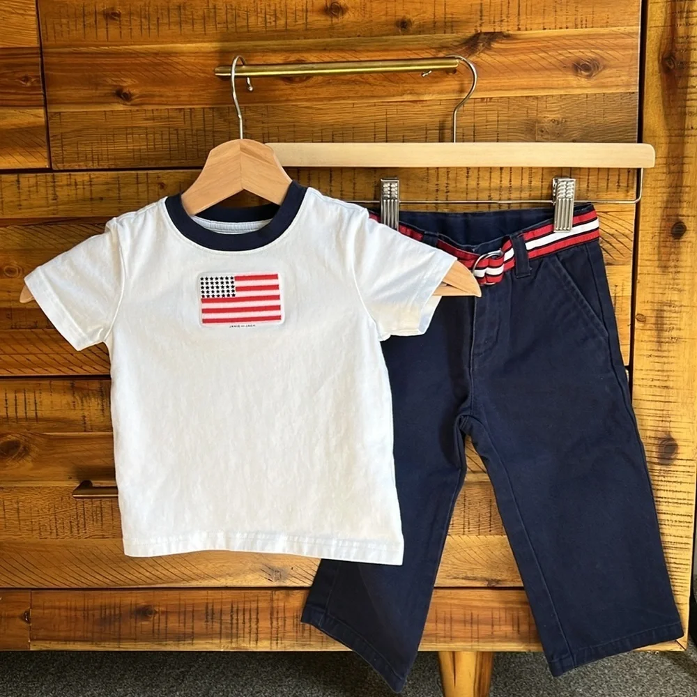 Janie & Jack Baby Boy American Flag Tee 🇺🇸 & Belted Twill Pant Outfit Set